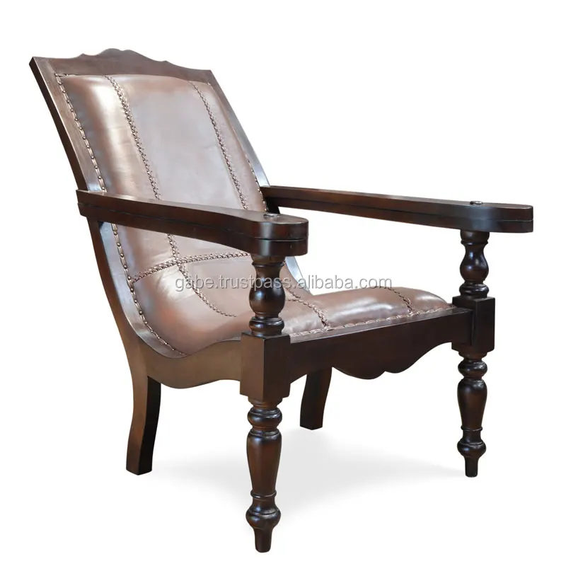 Handcrafted Teak Wood Replica Lounge Chair: Dutch Colonial Early 20th Century Design with Brown Leather Upholstery