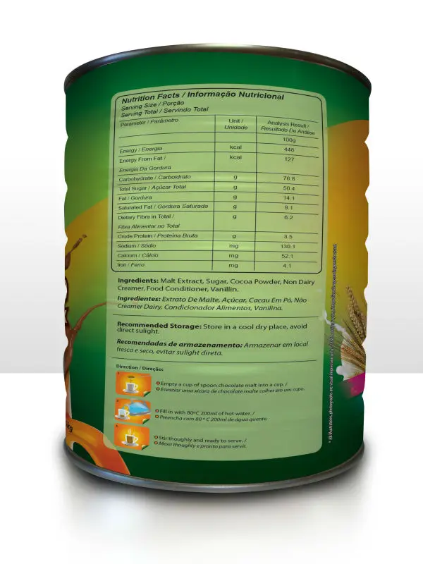 
Malaysia hot chocolate drink with milk and sugar 1.5kg tin 