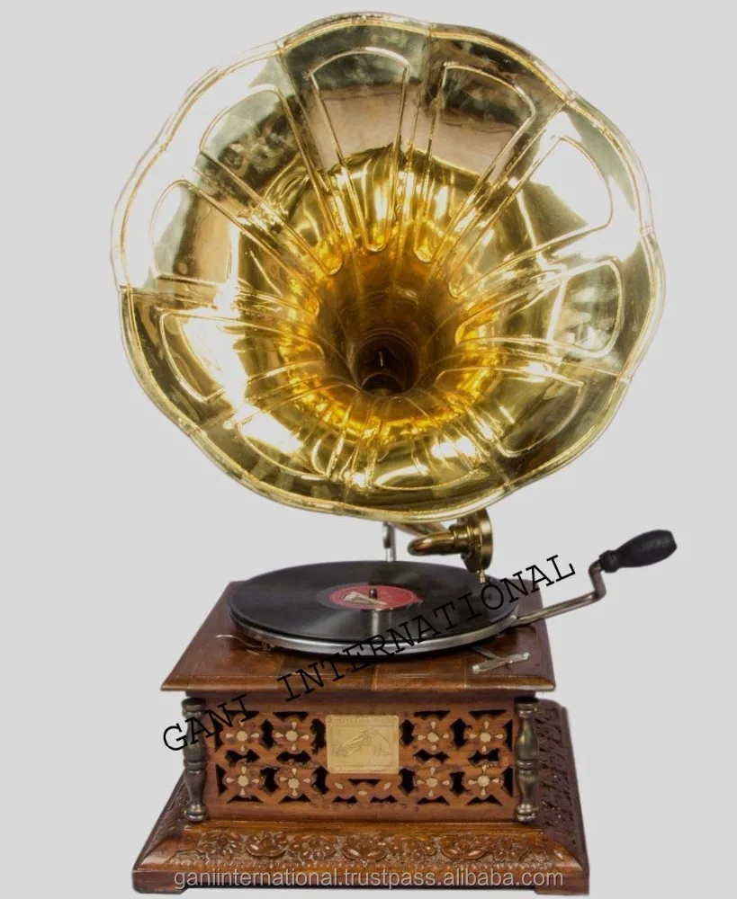 Antique Brass Gramophone Vintage Original Musical Box Phonograph with wooden Base