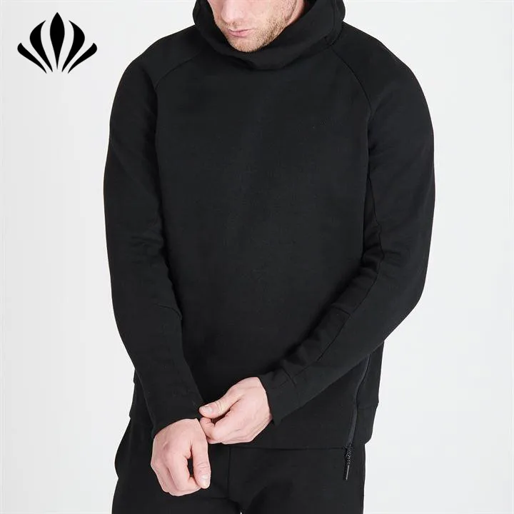 OEM Design slim fit high funnel collar sport hoodie fleece with side zip details pullover hoodie for men