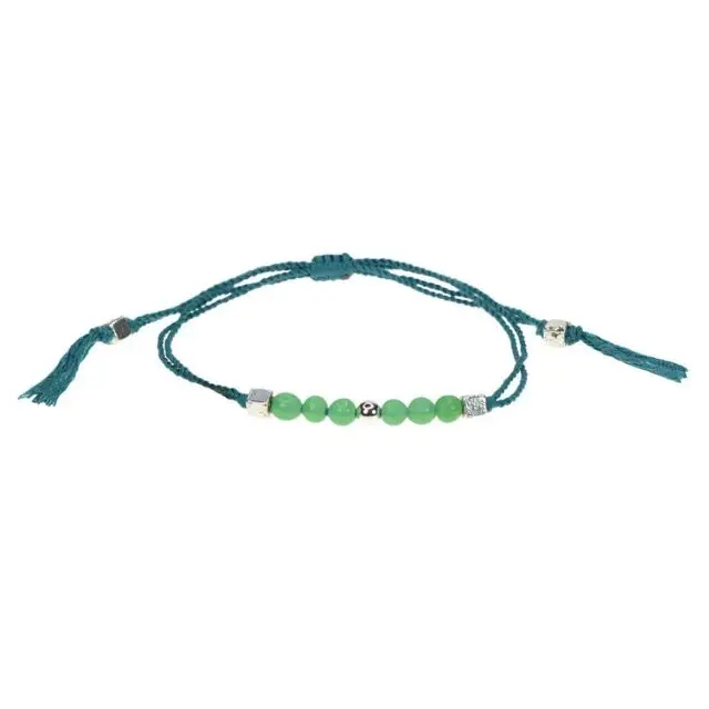 
Bracelet with Javanese Handmade Glass Beads and Silver Color Beads on Two Lines of Hand-twisted Cotton String 