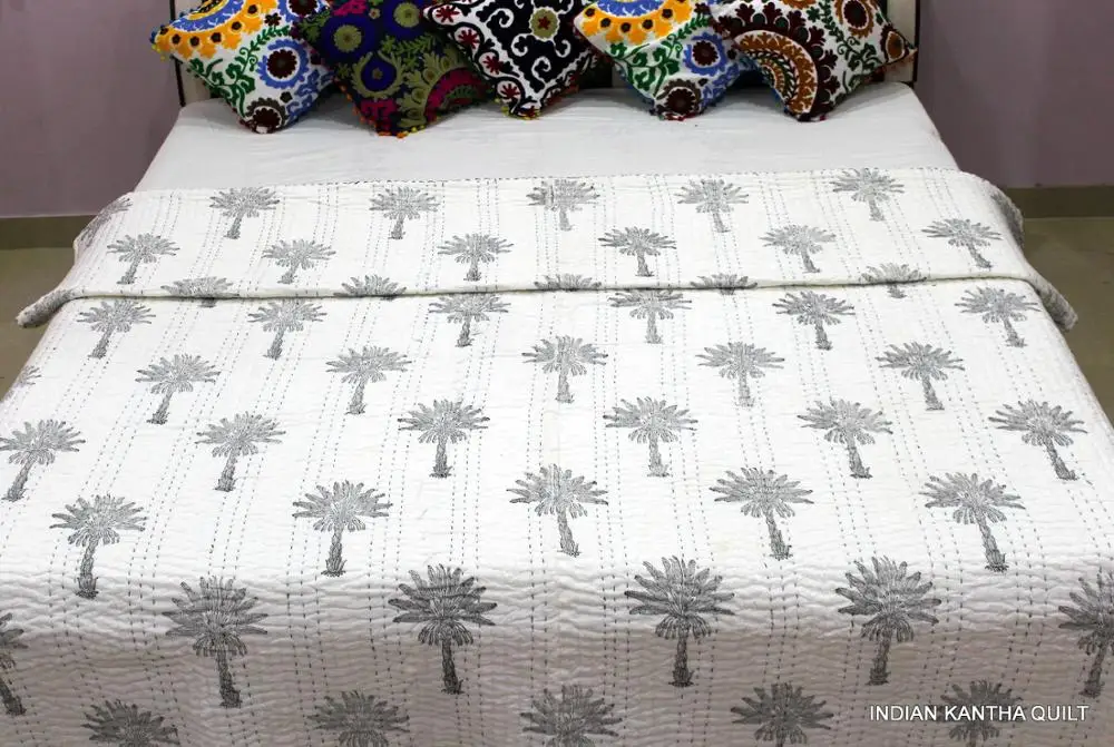 Ручной Блок пальмовое дерево кантха одеяло с принтом 100% Хлопковое ручной работы белое Кантха