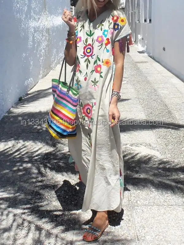 Hit Designer Multicolor Flora Embroidered Tasseled Hem Women Long Maxi Dress Custom Handmade Exclusive Work Boho Chic Vestido
