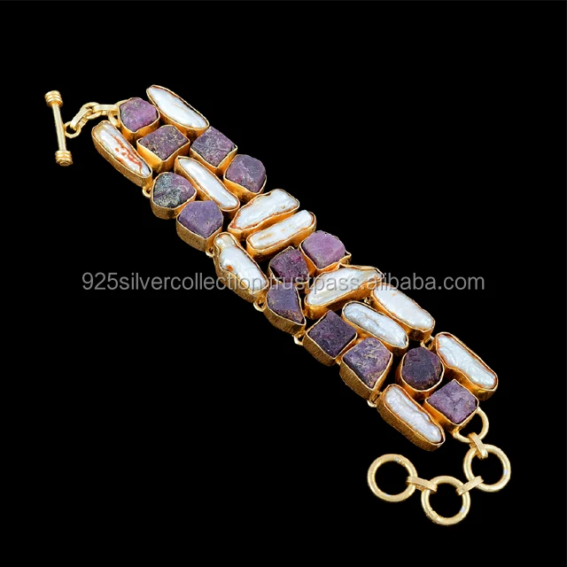 Customized Fashion Jewelry Gold Plated Rough Ruby And Biwa Pearl Stone Adjustable Bracelet