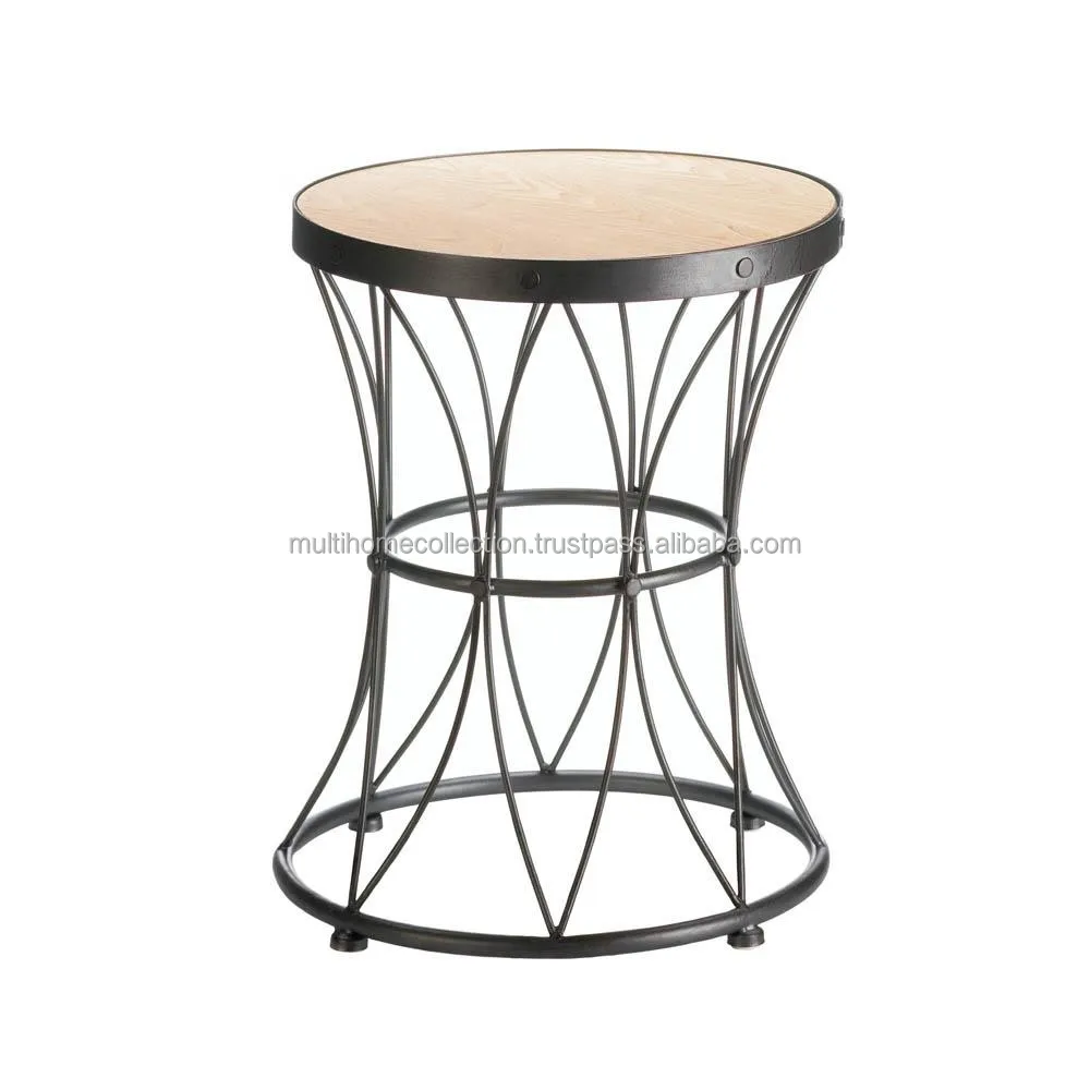 Indoor Outdoor Stool With Mean And Wooden Geometrical Round Base Metal Counter Bar Stool With Wooden Top