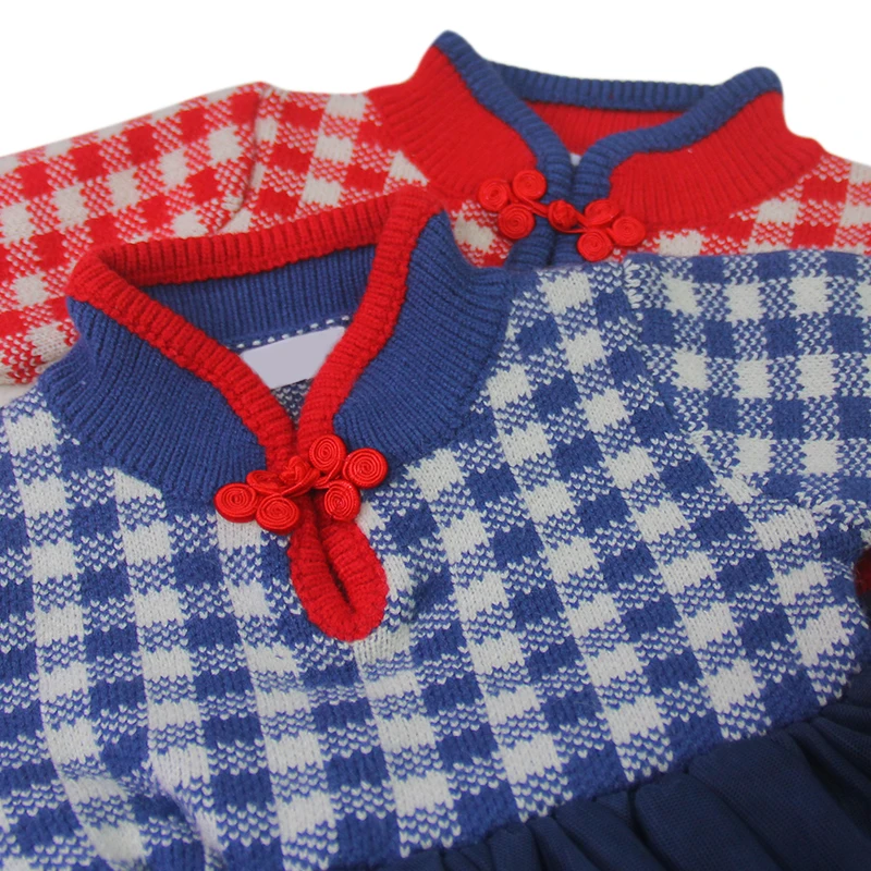 OEM new fashion style knitting lovely kids skirt plaid mandarin collar Chinese knot girl princess dress