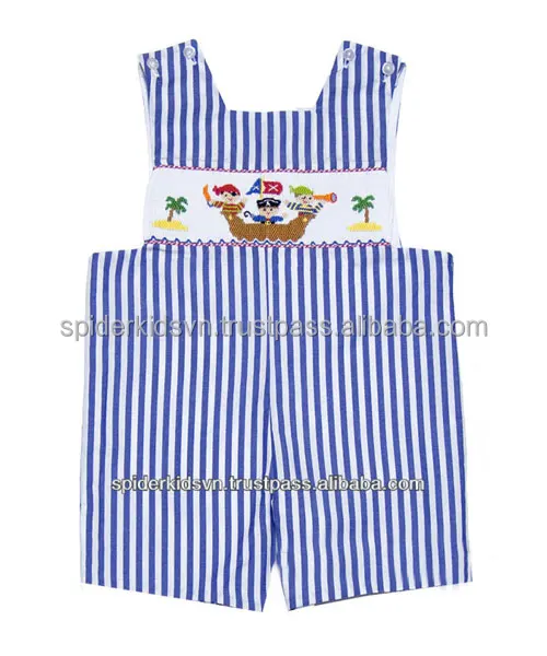 Infant / Toddler Boys Blue Striped Smocked Pirate Ship Shortalls