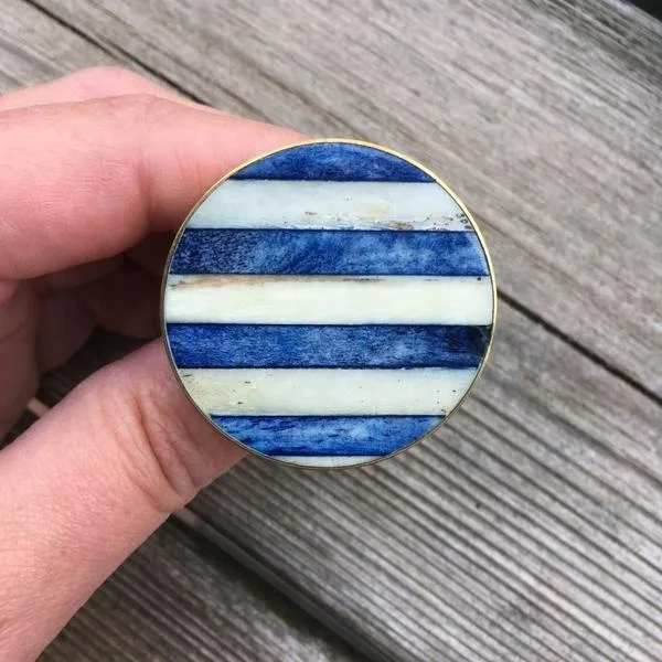 Blue and White Bone Inlay Drawer Knobs - Cabinet Knobs with Stripes
