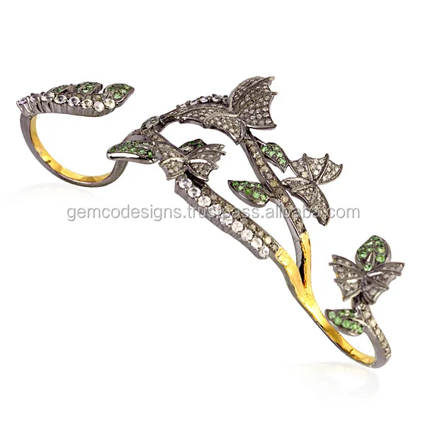 Natural Sapphire Pave Diamond Flower Design Four Finger Ring Gold Silver Jewelry