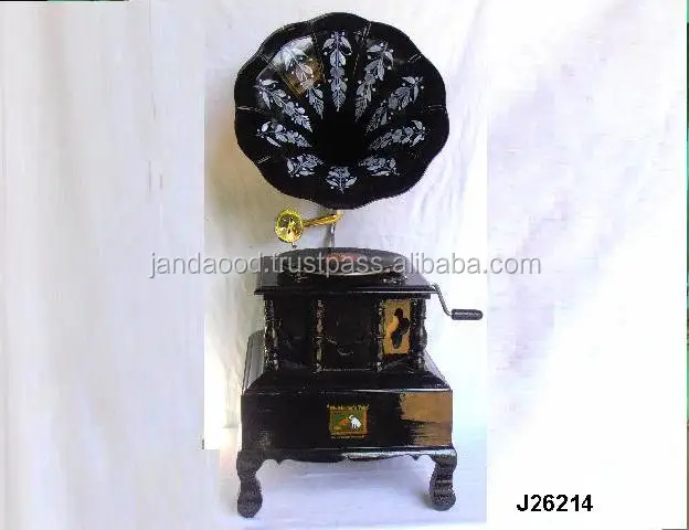Gramophone With Wooden Base And Brass Horn Painted in Black And White Home Decor Gramophone