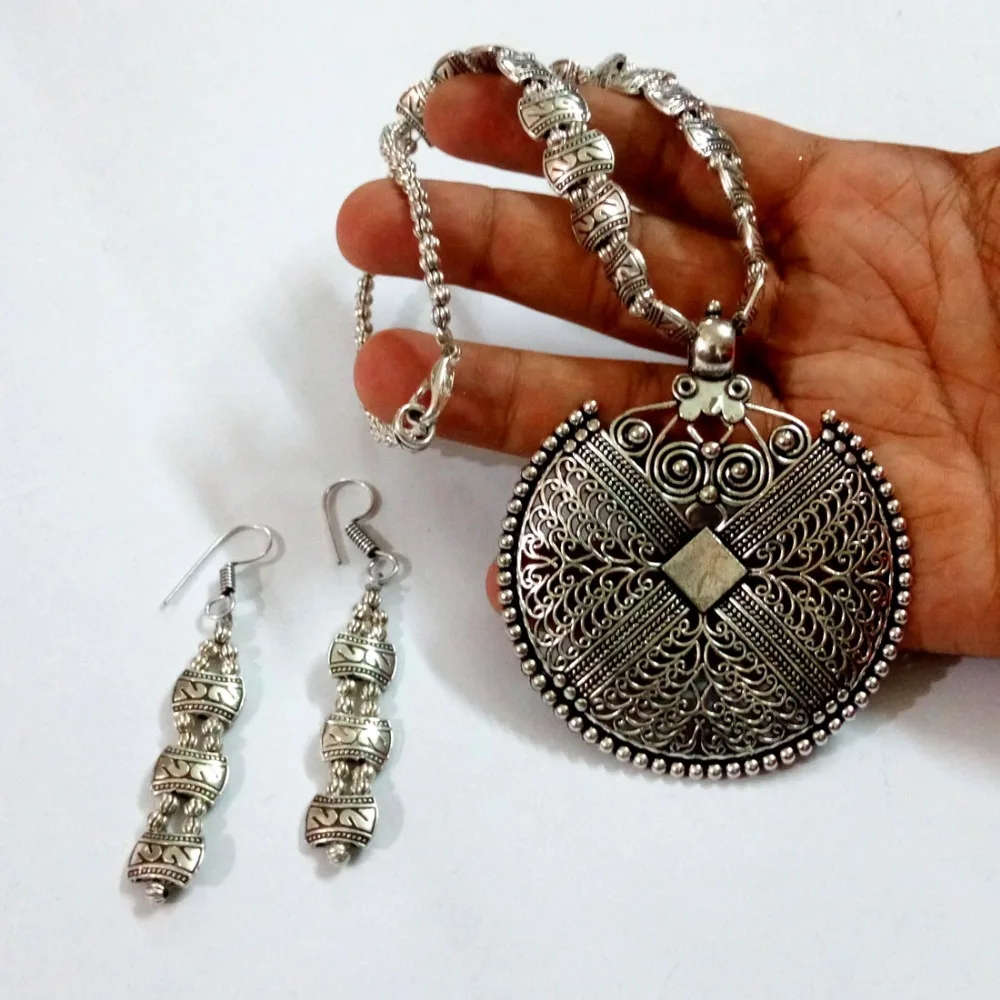 Multi Color Imitation Pearl Peacock Design Oxidised Necklace With Earrings