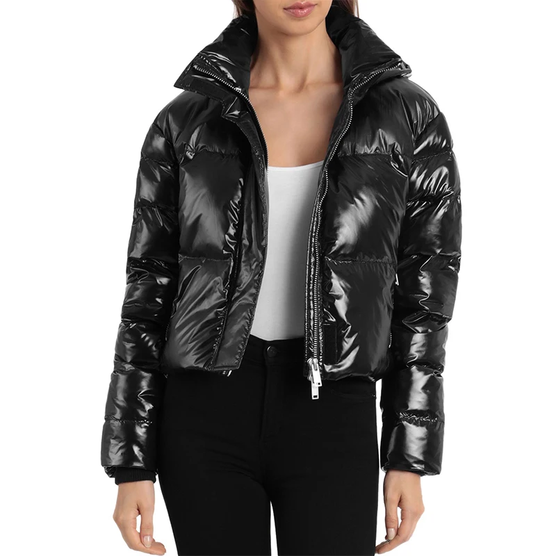 Black Casual Women Winter Long Puff Sleeve Shinny Coats Cropped Hooded Puffer Jacket