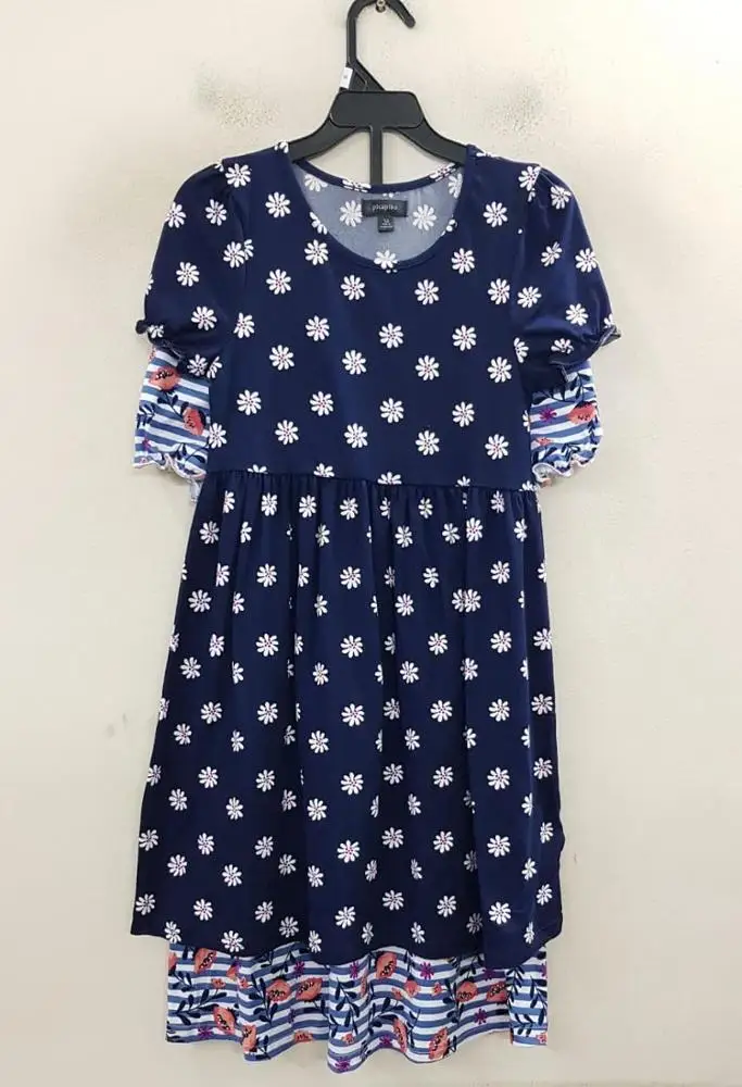 Top Quality Overrun Garments Branded Label Girls Kids Attractive Short Sleeve Round Neck Cotton Floral Dress Bangladesh Stocklot