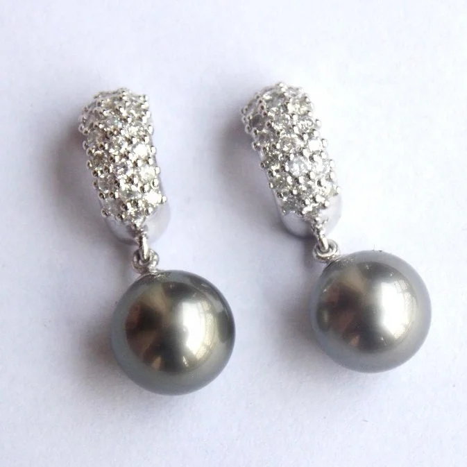 Genuine Rare Black Tahitian Pearl Diamond 18K White Gold Earrings Nice Fashion Gold Earrings for Women