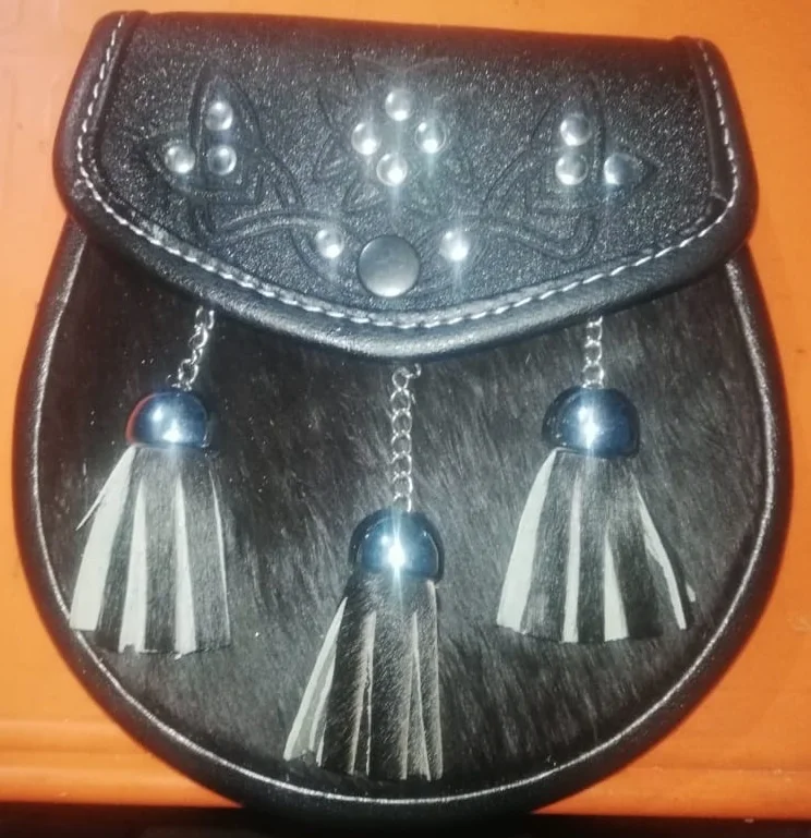 Leather Scottish Thistle Brown Rabbit Fur Sporran Stone Fur Bag