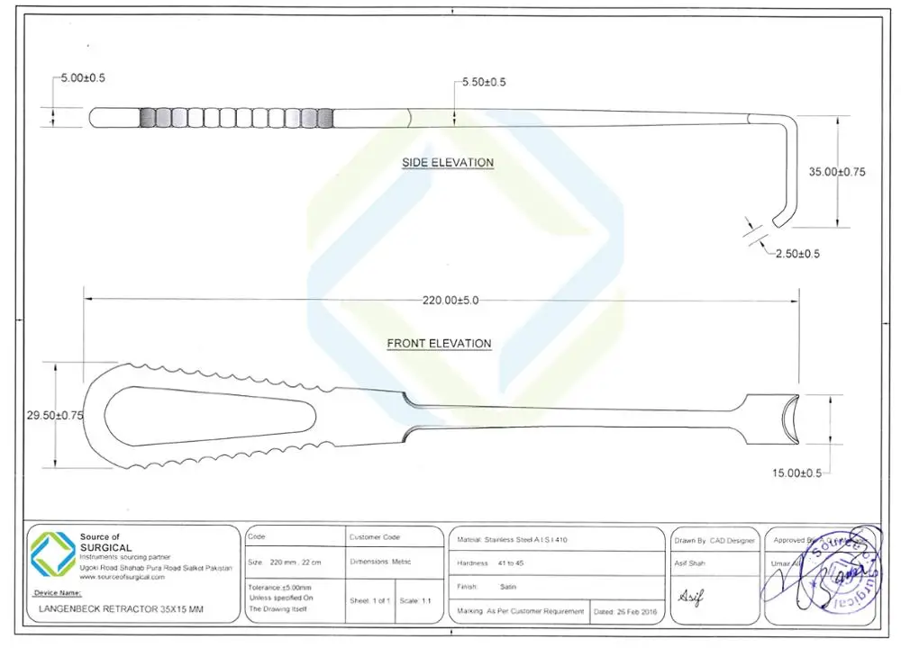 Langenbeck Retractor Stainless Steel