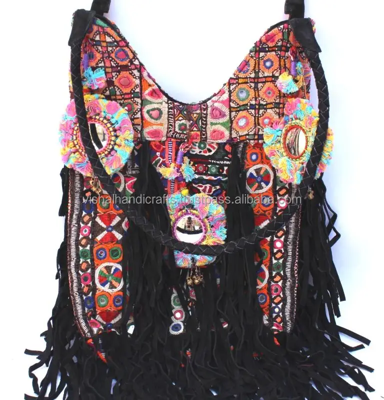 Indian Vintage Boho Leather Fringes Bag Gypsy Hobo Bag
