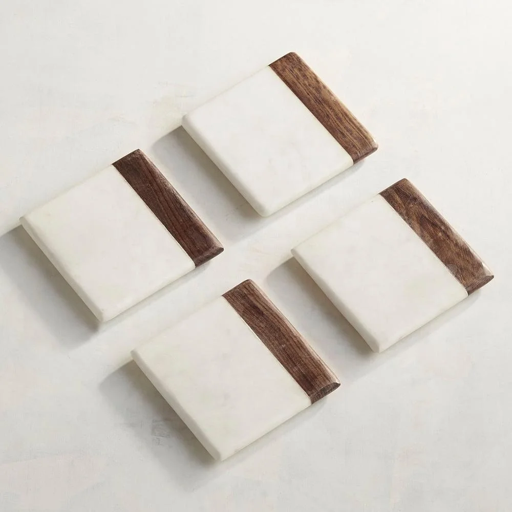 Wood & Marble Square Coaster S/4, White Marble Coaster Set With Wood Inlay, Marble & Wooden Coaster S/4