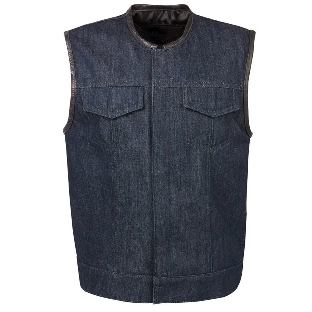 New Men Style Of Denim Biker Club Vest Wth Real Leather Trim Custom Design Men Black Leather Vest Custom Logo Motorcycle Biker