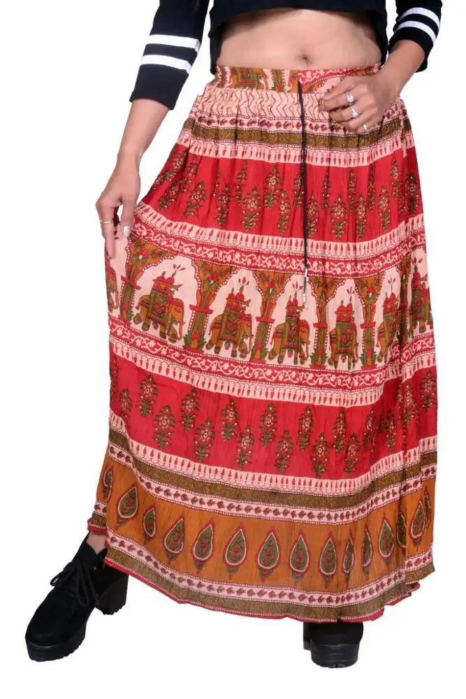 Fashionable long rayon crepe wrinkled skirt hand block printed skirt for women