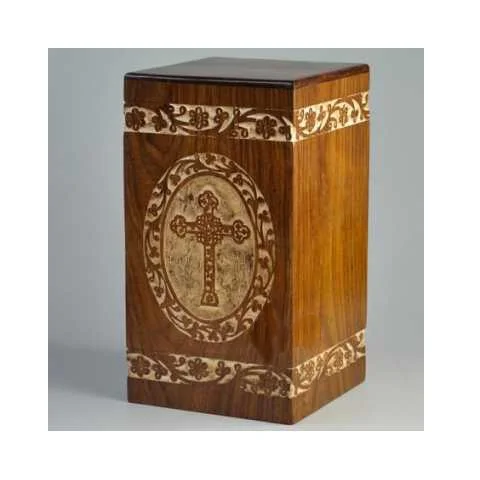 Engraved Cross  Antique Memorial Cheap  Wooden Casket Box for Adults Human Funeral  Ashes Cremation urns American/European Style