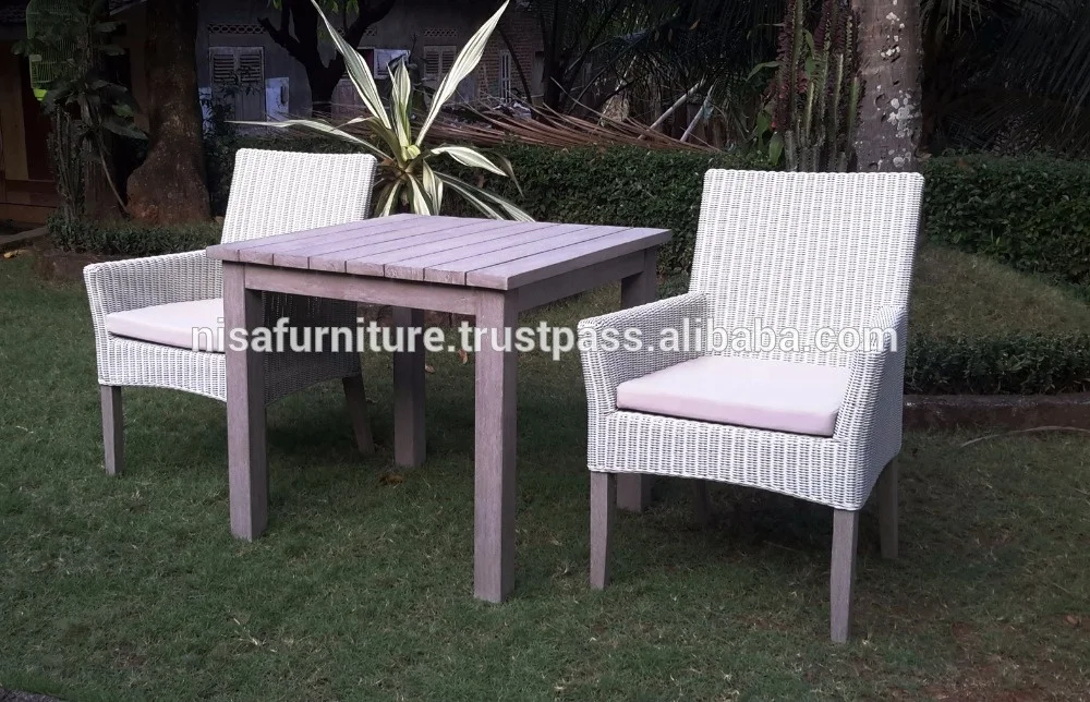 Modern Style Garden Teak Dining Table Set 2 Chairs Synthetic Rattan Material Outdoor Indonesia Furniture for Living Room Hotel