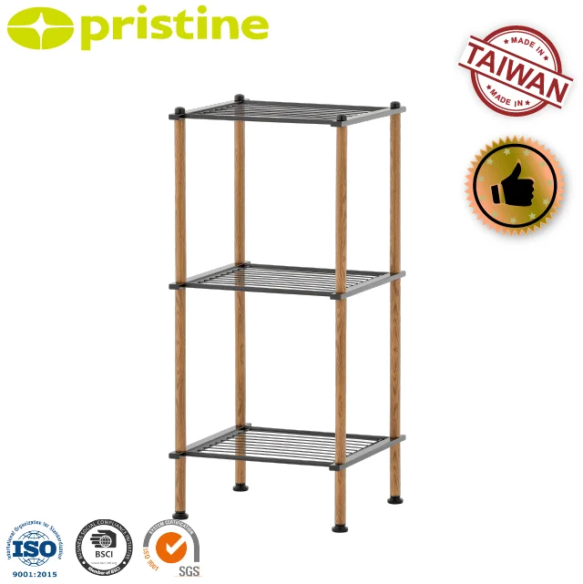 OEM Sale Wholesale 3-Tier Wood Grain Metal Bathroom Wire Shelf from Taiwan MIT Housewares Home Storage Furniture Corner Mounted
