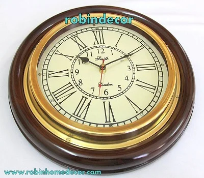 Antique Look Silent Wall Clock, 16 Inch Brass And Wooden