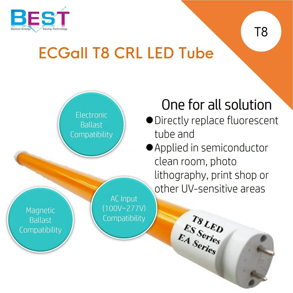 Светодиодная желтая трубка ECGall T8 с Отсечкой нм и УФ-фильтром для модернизации старой прозрачной комнатной желтой флуоресцентной трубки T8