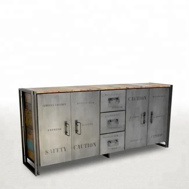 Industrial & vintage iron metal & reclaimed wood 3 drawer 4 door storage cabinet