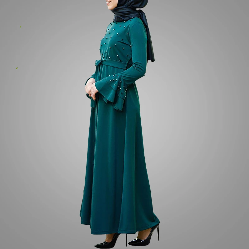 Turkish Style Muslim Long Dress With Dye Pearls Full Length Bell Sleeves Islamic Abaya