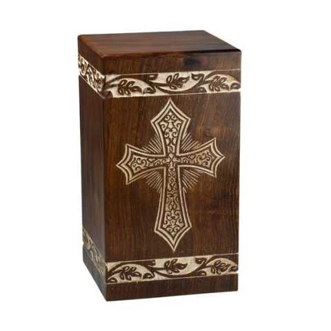 Engraved Cross  Antique Memorial Cheap  Wooden Casket Box for Adults Human Funeral  Ashes Cremation urns American/European Style