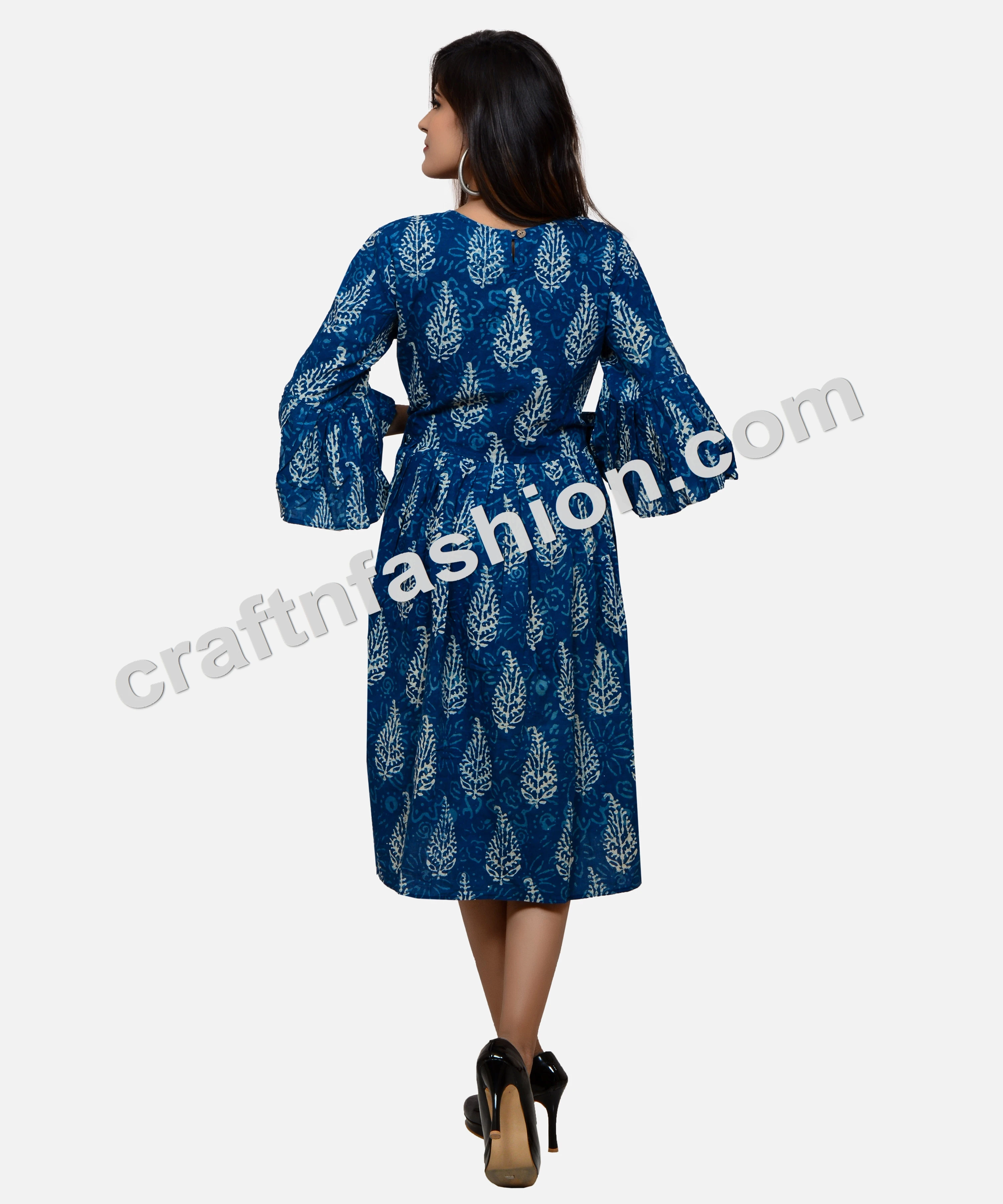 Bohemian Style Umbrella Sleeve Indigo Dress - Indian Cotton Hand Block Print Kurti  - Summer Fashion Wear Cotton Indigo Dress