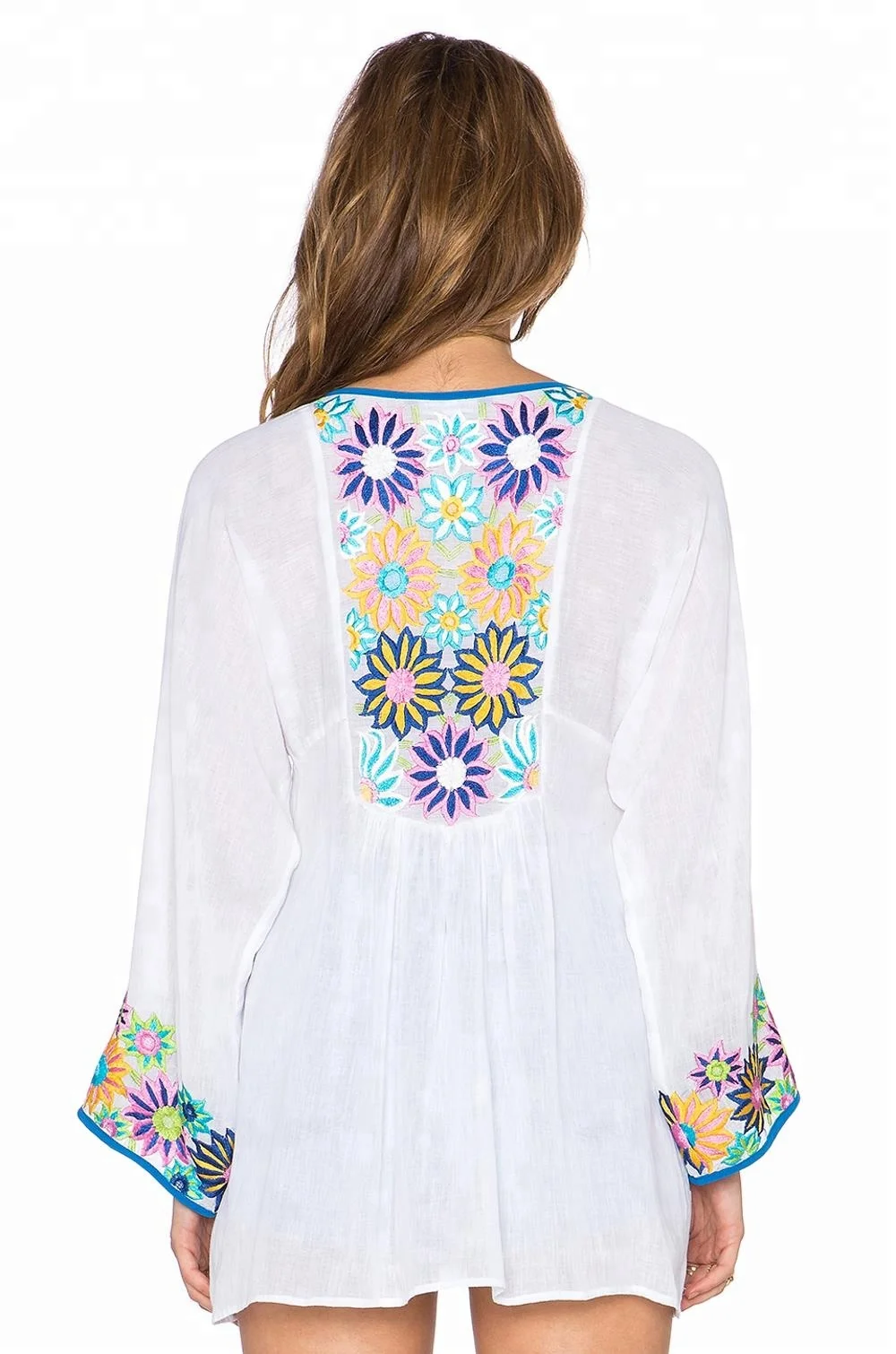 High Quality Handmade Multicolor Big Floral Embroidery On Neck Sleeves Back Women Cool Summer Party Wear Casual Top