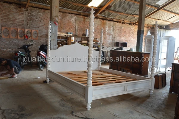 Antique Four Poster Wooden Bed Mahogany White Painted