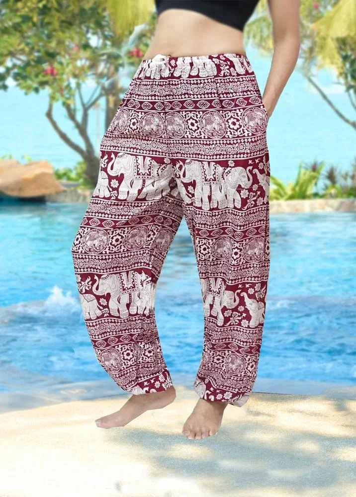 oriental fisherman RETRO INDIE HIPPIE BOHO yoga relax POLKA DOT thai art elephant print DRAWSTRING RAYON Harem PANTS