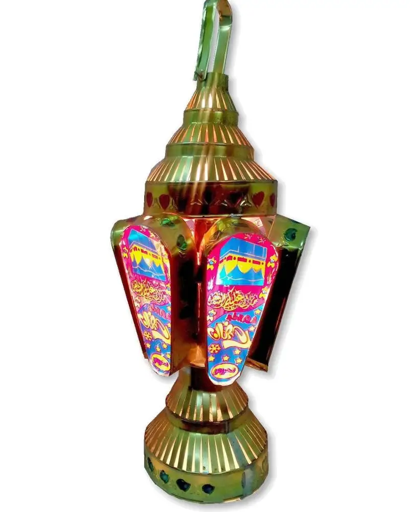 AA73 Pyramidal Arabic Scripts RAMADAN Decor Tin / Glass LED Lantern
