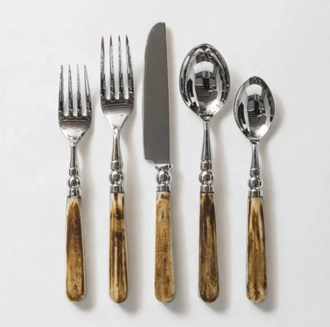 Shiny Silver Flatware Set With Brass Bone Inlay Handle, Wedding & Parties Cutlery Set