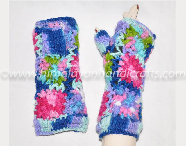 Blue Multicolor Flower Pattern Design Wool Fingerless Gloves Arm Warmers Hand Knit
