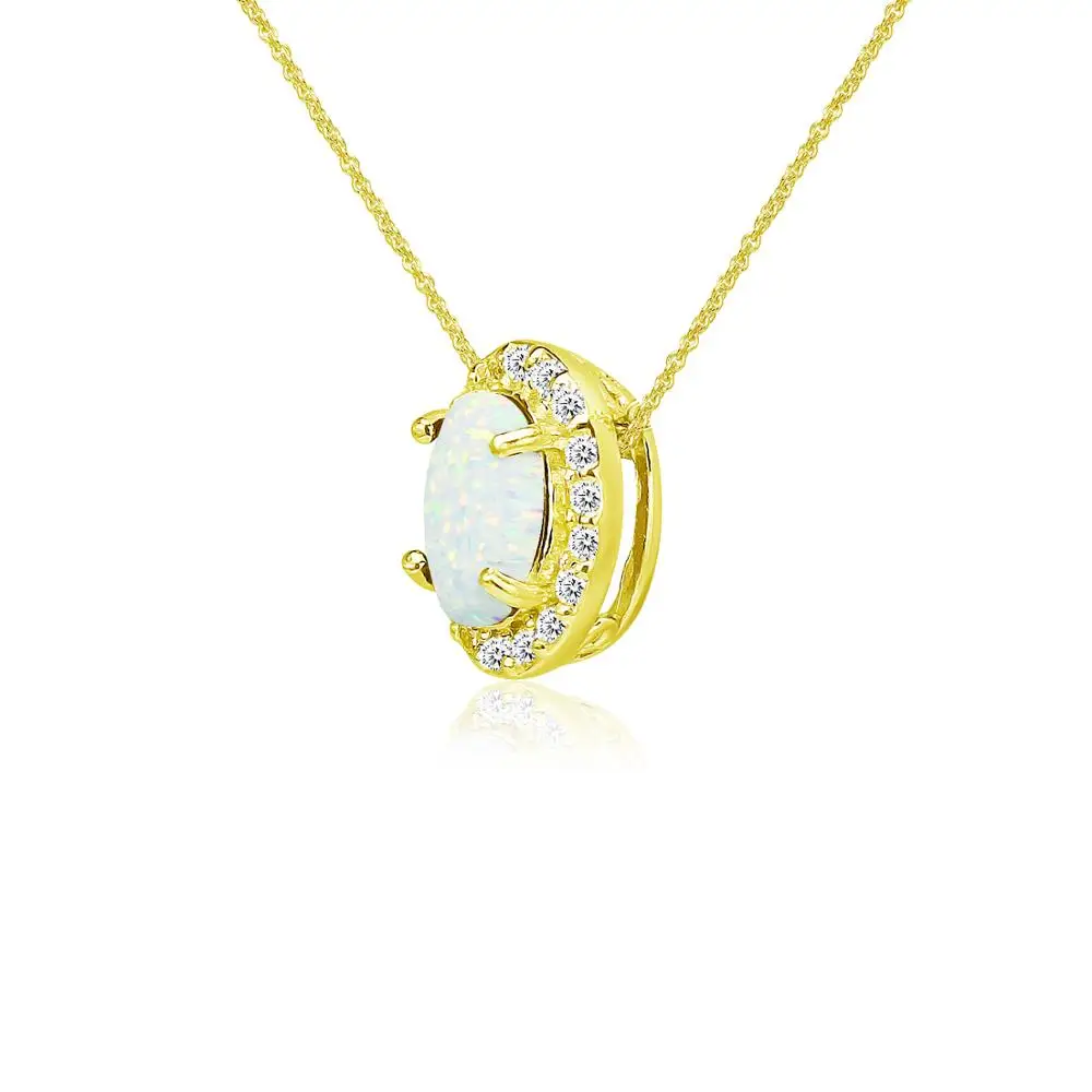 
Yellow Gold Plated 925 Sterling Silver Synthetic Opal with White CZ 18 inch Chain Necklace 