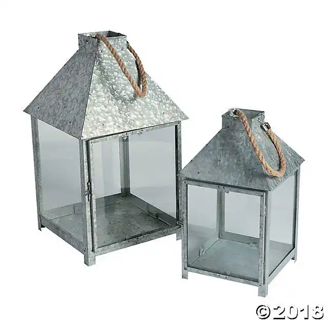 Metal Lantern, Rope Handle (Galvanized, Sitting, Hanging, Use with Candle)