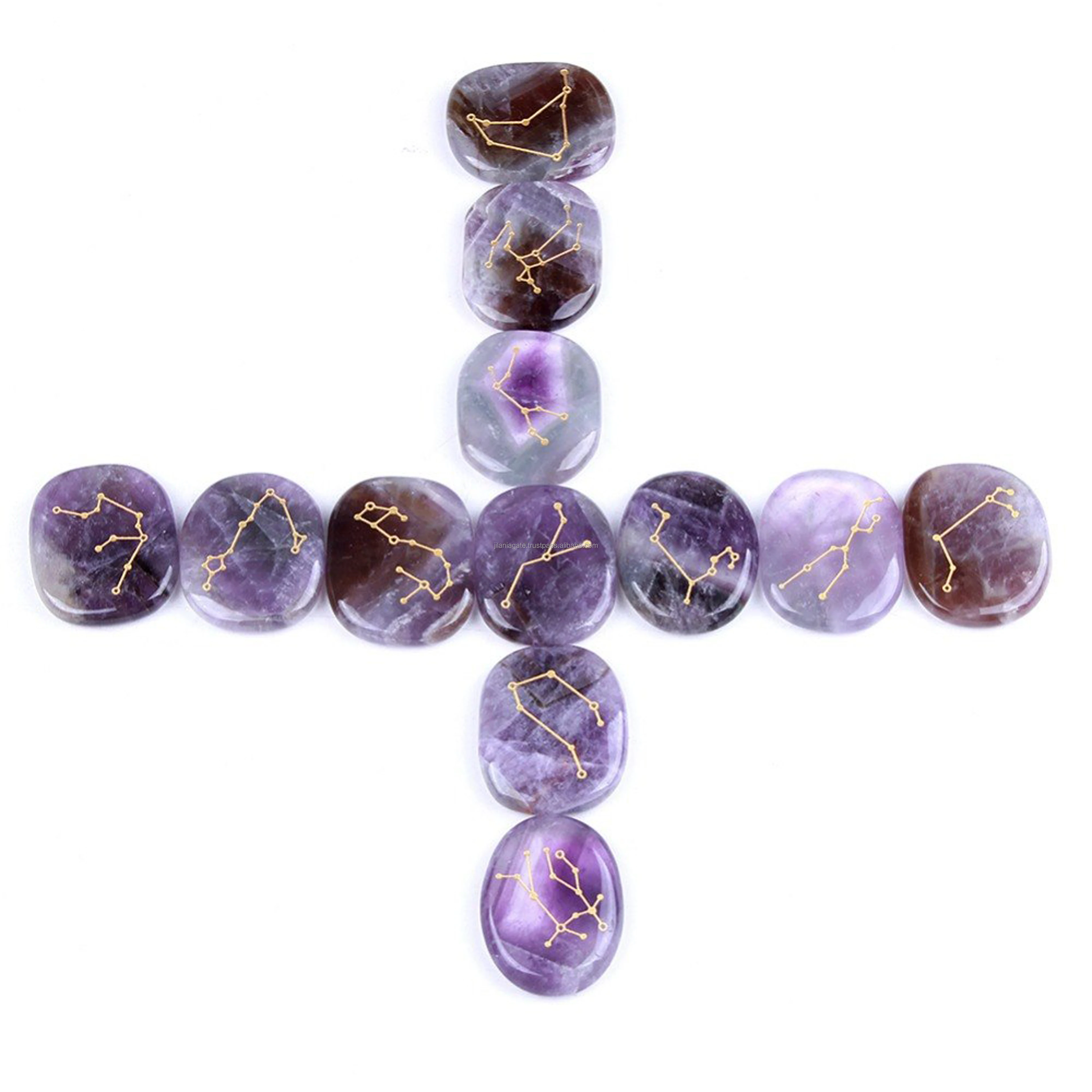 Natural Amethyst Palm Stones 12pcs Zodiac Symbols