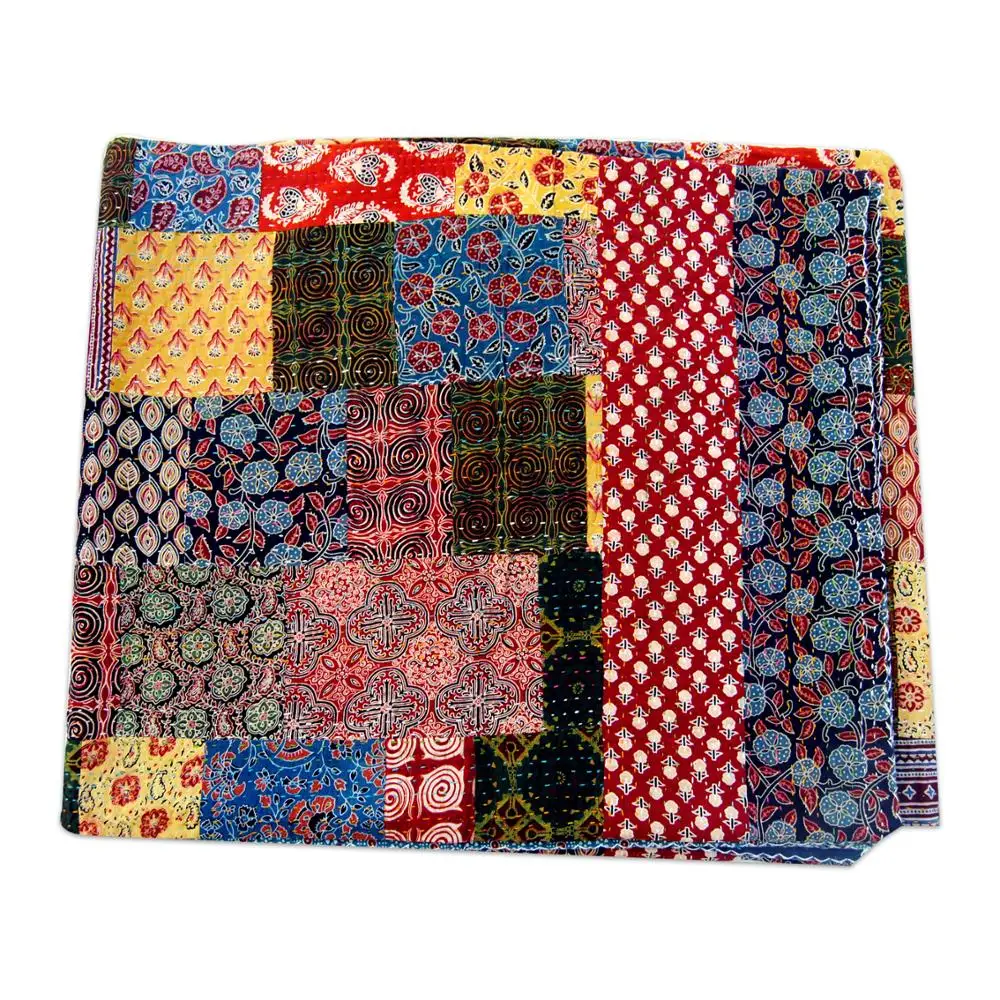 Patchwork Quilt Hand Block Print Kantha Cotton Multi Color Gidari Indian New Print Durable Light Weight Bedspread Wholesale