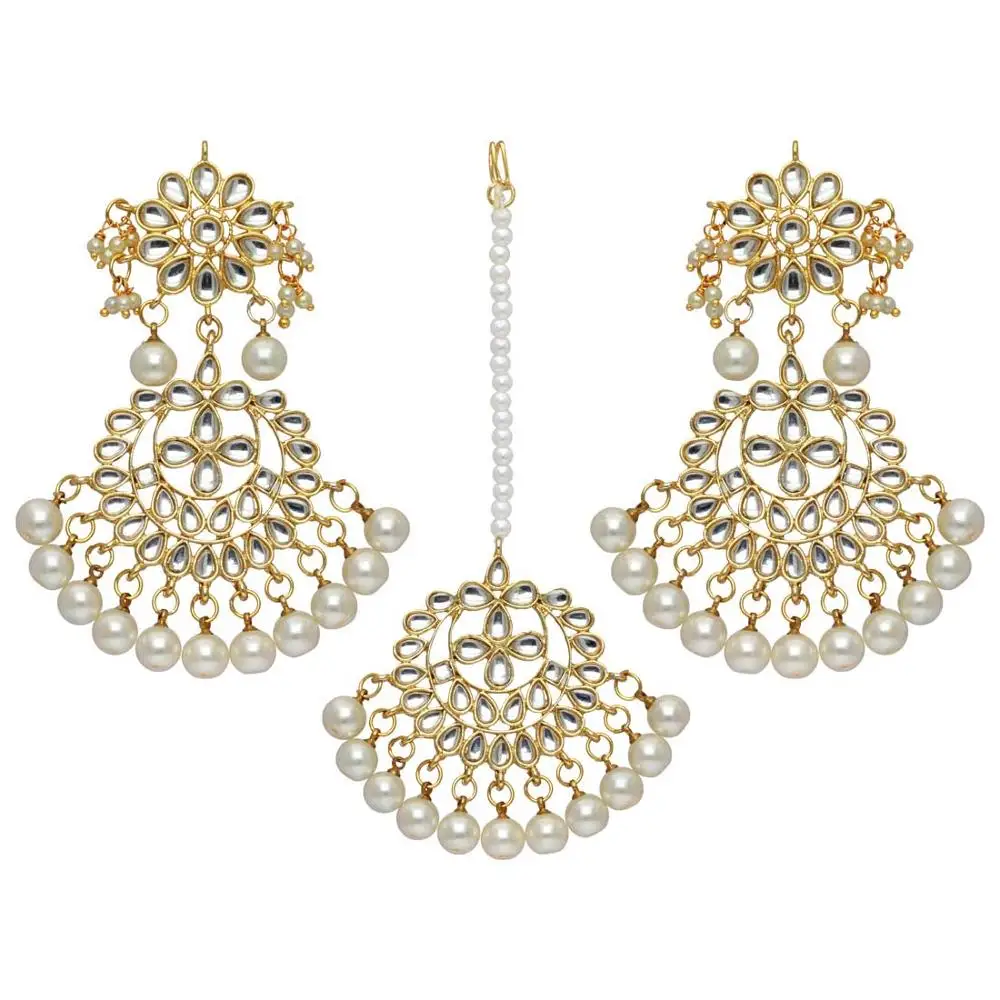 Indian Traditional White Color Kundan Necklace With Earrings & Maang Tikka