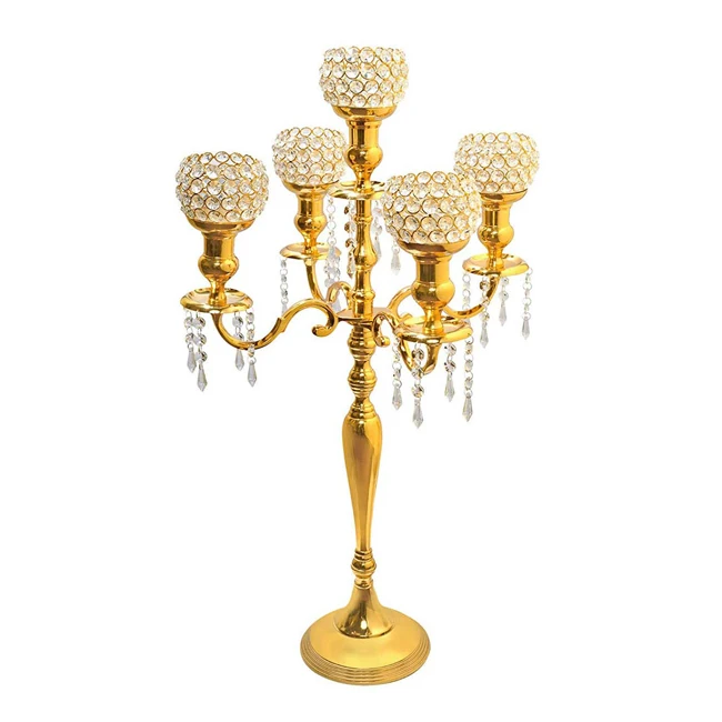 New Arrival Latest Design Handmade Five Arms Gold Crystal 35 Inch Wedding Centerpieces Candelabra Candle Holder Stand