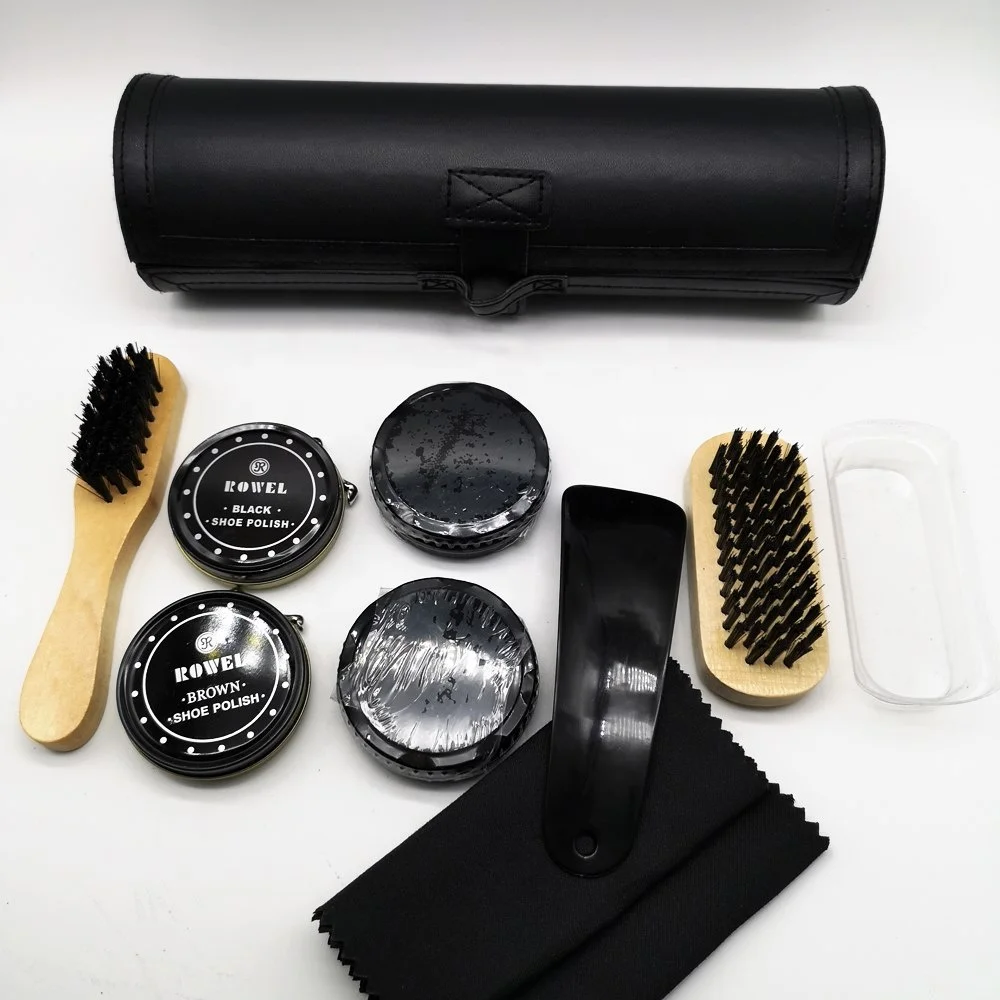 Promotional Custom Made High Quality Man Gift Hotel Home Outdoor Traveling Portable PU Leather Case Shoe Shine Kit