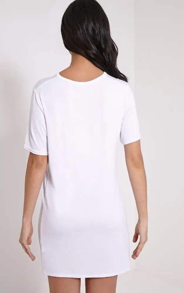 MGOO OEM White Color Night Shirts Letter Custom Printed Sleep Dress O Neck Short Longline Sleepwear