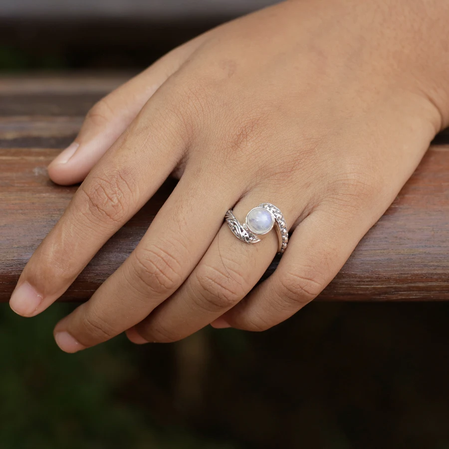 Bali Sterling Silver Ring with Rainbow Moonstone