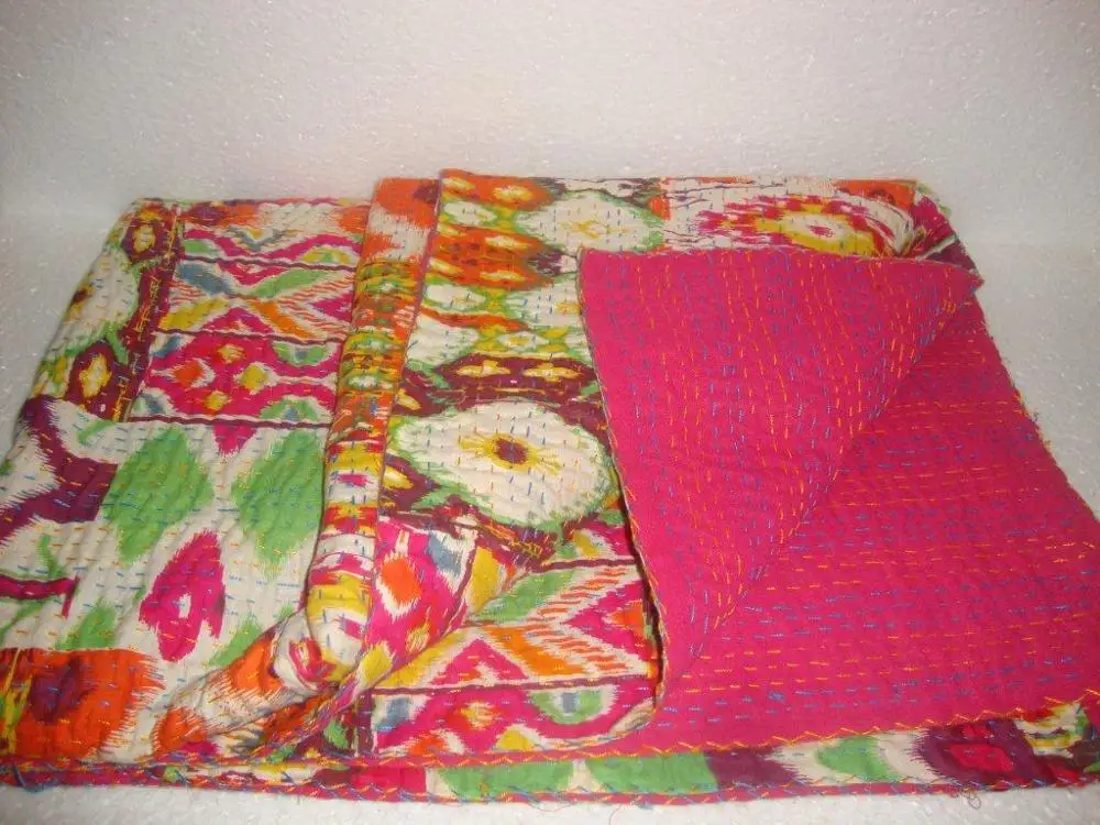 Handstitched Beautiful Multicolor with Pink Print kantha quilt Indian handblock print Reversible cotton Bedding Bedspread Kantha