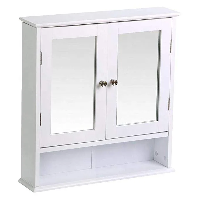 Cabinets Wooden Bathroom Wall Cabinet with Double Mirror Doors Adjustable Shelf White